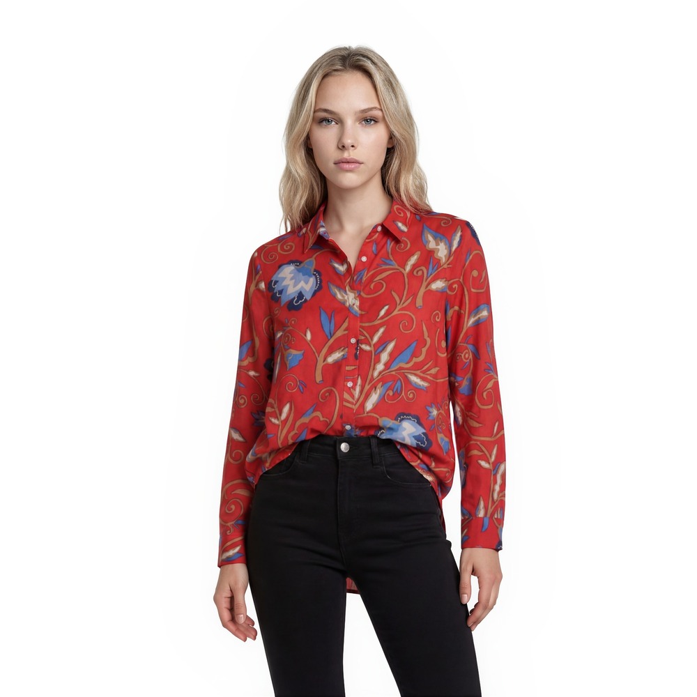 J McLaughlin Shirt Blouse Womens Size Small Red Vine 100% Cotton Long Sleeve Top